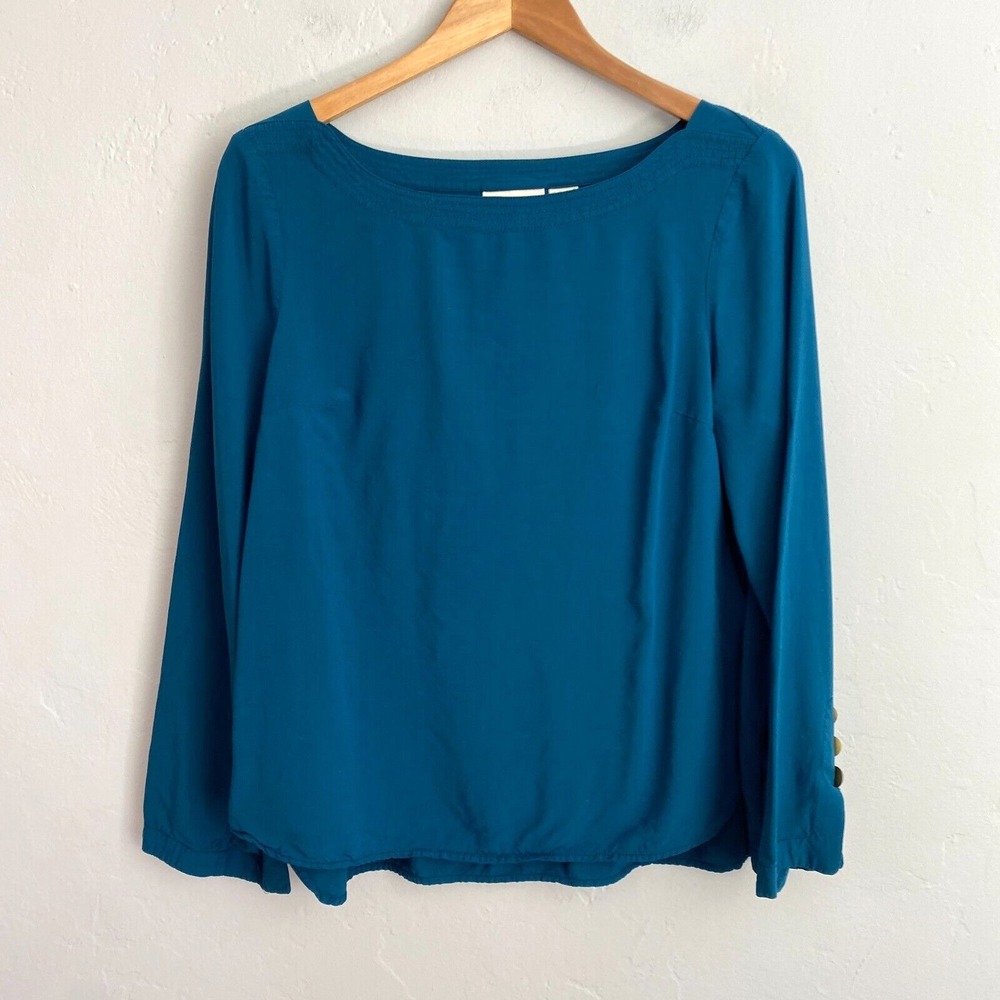 Maeve Boatneck Top Women Size 12 Teal Blue Long Sleeve Button Detail Rayon